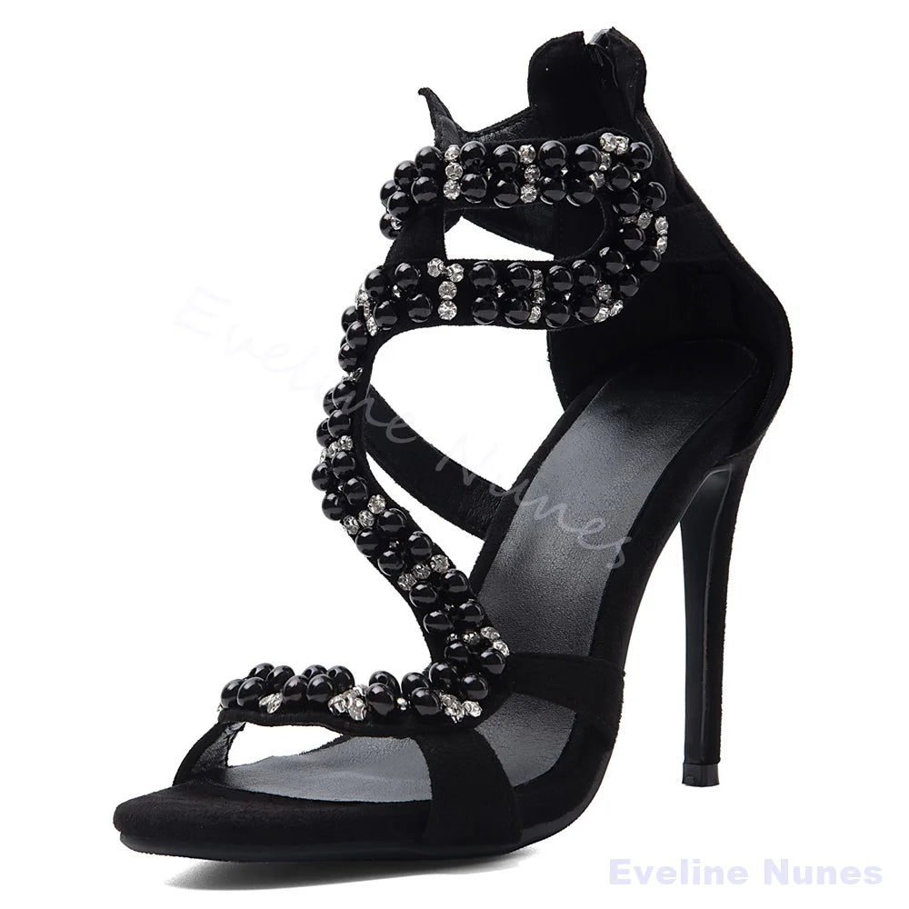 Black Crystal Beaded Gladiator Heeled Sandals For Women
