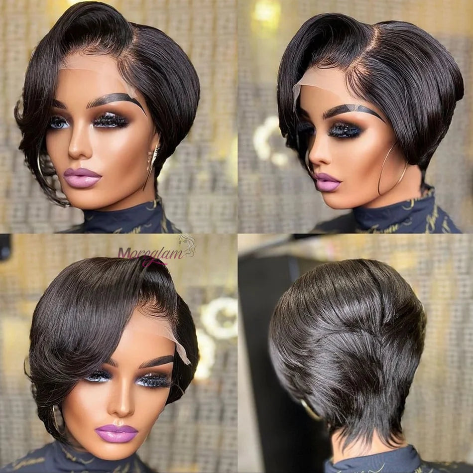 Wig HD Transparent Lace Front 13x4 Pixie Cut Bob Indian Hair Pre Plucked 200 Density
