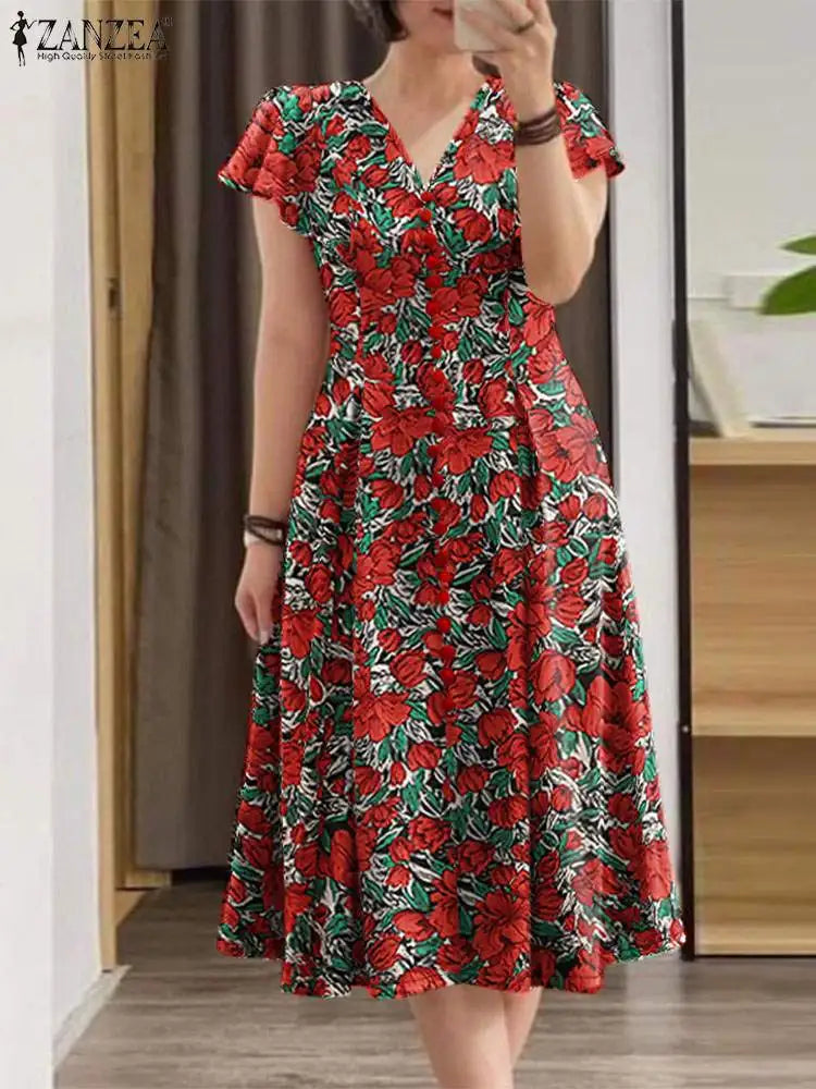 Floral V-Neck Ruffle Sleeve Midi Dress