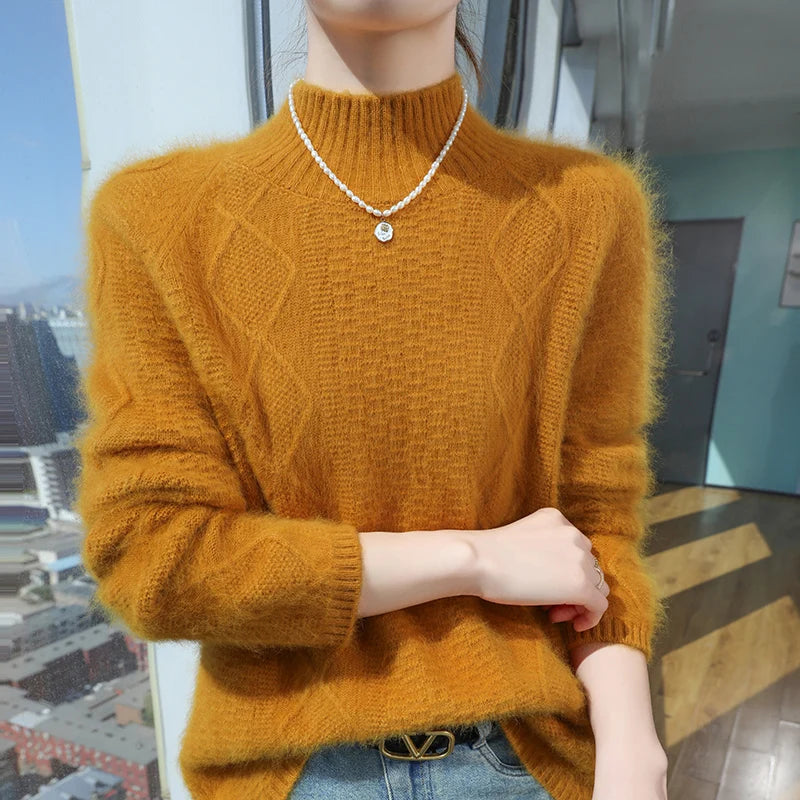 Floral Jacquard Long Sleeve High Neck Knit Sweater for Women