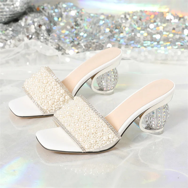 White Pearl Beaded Embellished Strappy Sandals for Women