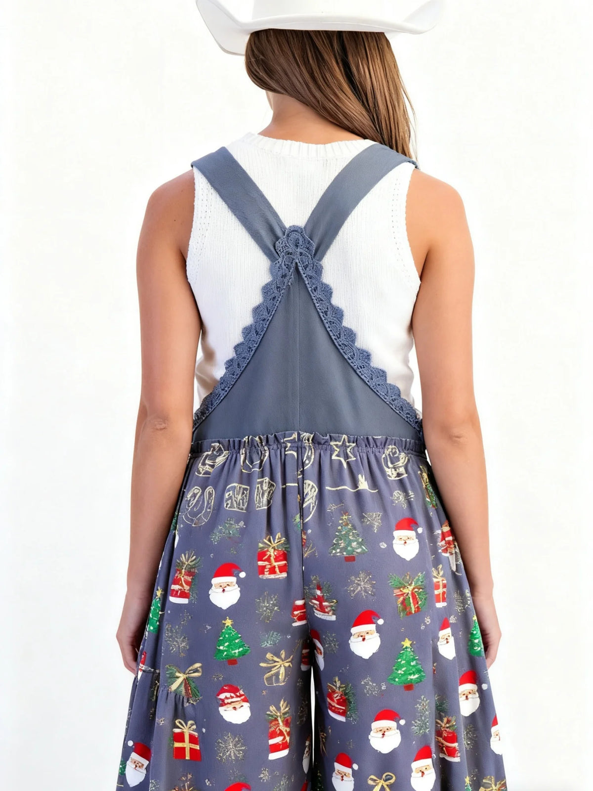 Christmas Print Wide Leg Lace Patchwork Jumpsuit for Women