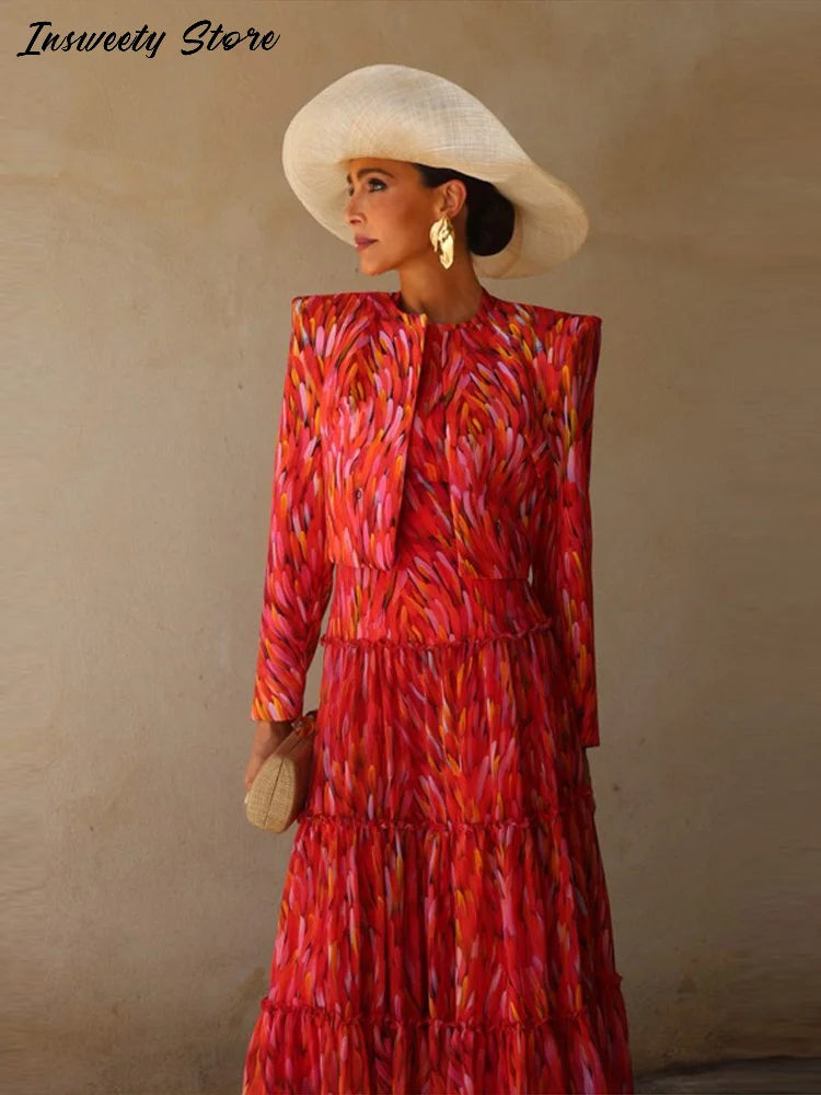 Printed Halter Neck Maxi Dress and Cropped Jacket Set for Women