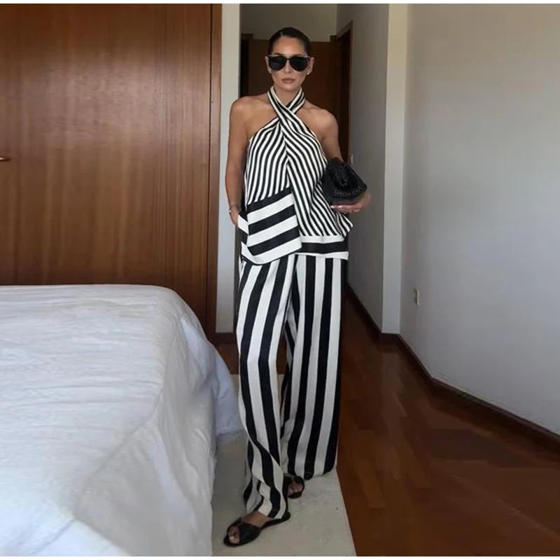 Striped Criss Cross Halter Two Piece Wide Leg Pants Set For Women