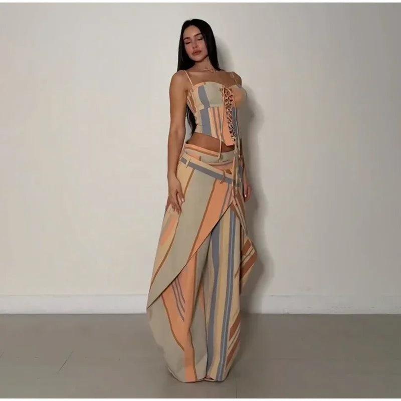 Striped Patchwork Vest and Asymmetric Trousers Set for Women