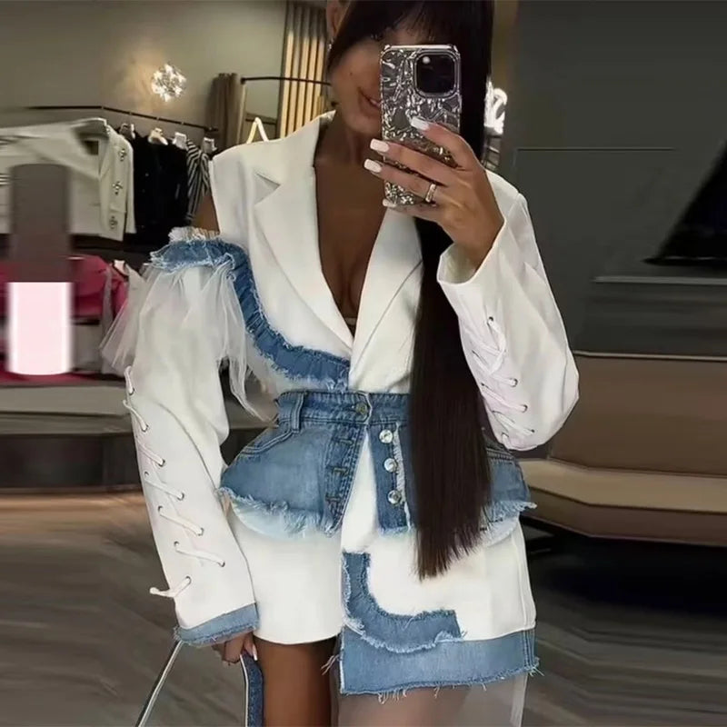 Stylish Patchwork Denim Mini Dresses Lace Deep V-neck Jacket Sexy Irregular Casual-chic Sexy Edgy Top Designers Streetwear