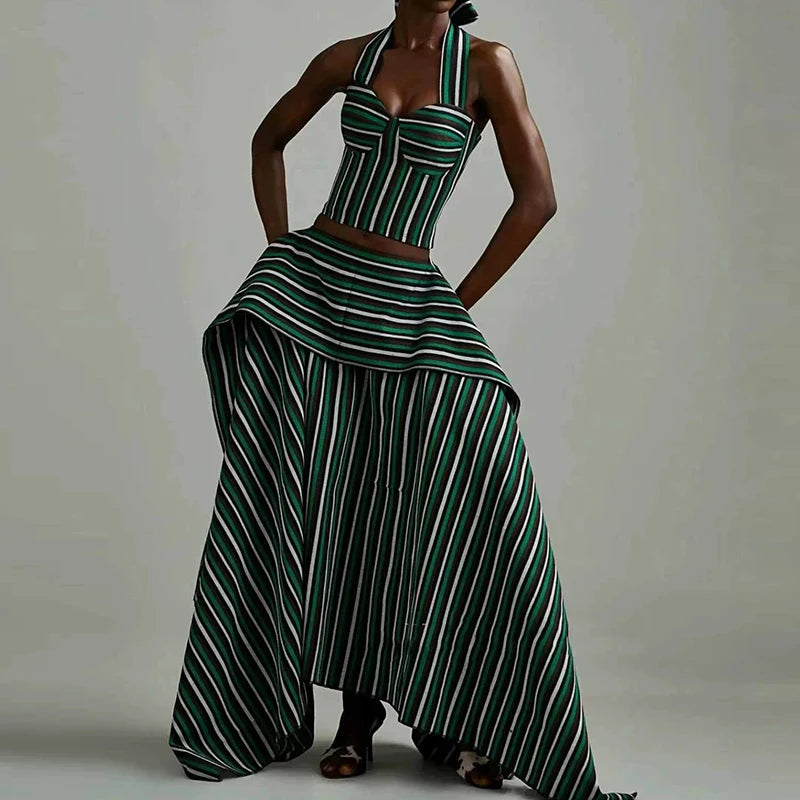 Striped Vacation Halter Backless Top and Half Skirt Set for Women