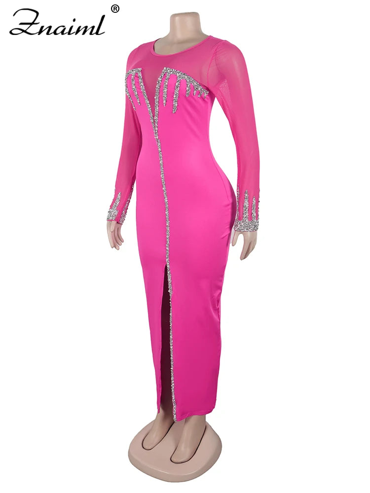 Znaiml Luxury Rhinestones Mesh Patchwork O-neck Pink Dress Women Sleeve Long High Split Birthday Party Evening Night Club Robe