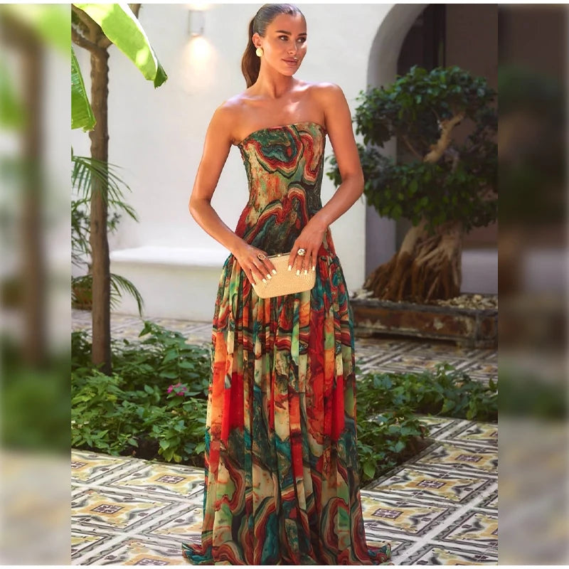 Strapless Pleated Waist Printed Cocktail Dress For Women