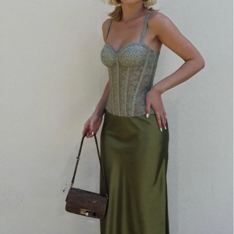 Elegant Women Summer Party Dresses Set 2 Pieces Lace High Waist Lace Up Spaghetti Strap Tops Satin Zipper Party Skirt Outfits