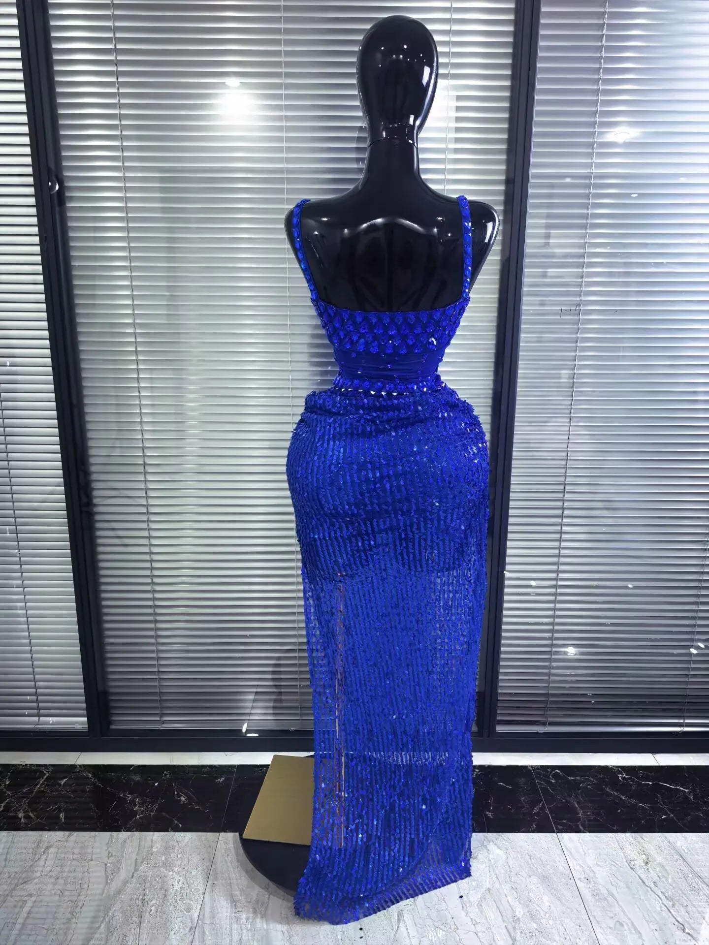 Blue Color Women Sleeveless Sexy Sparkly Crystal 2 Pieces Bodycon Long Dress Mesh Celebrate Birthday Photoshoot Wear