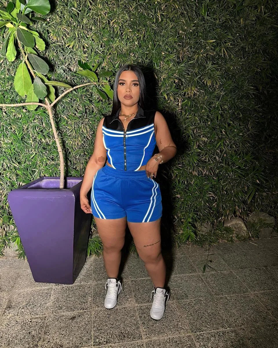 FAGADOER Casual Stripe Patchwork 2 Pieces Set for Woman Sleeveless Zipper Top and Pockets Shorts Outfits Female Sportywear New
