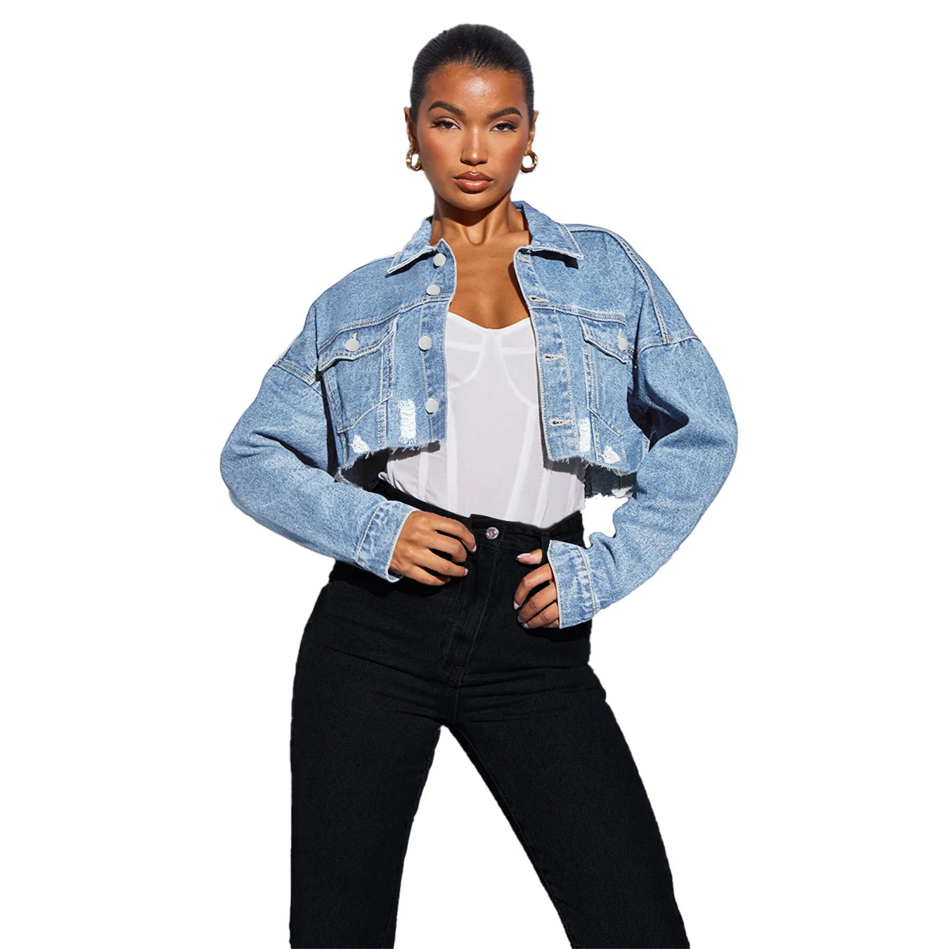 2024 Broken Holes Short Denim Jacket Women Single-breasted Cardigan Outerwear Fashion Streetwear Female Autumn Lapel Coat New