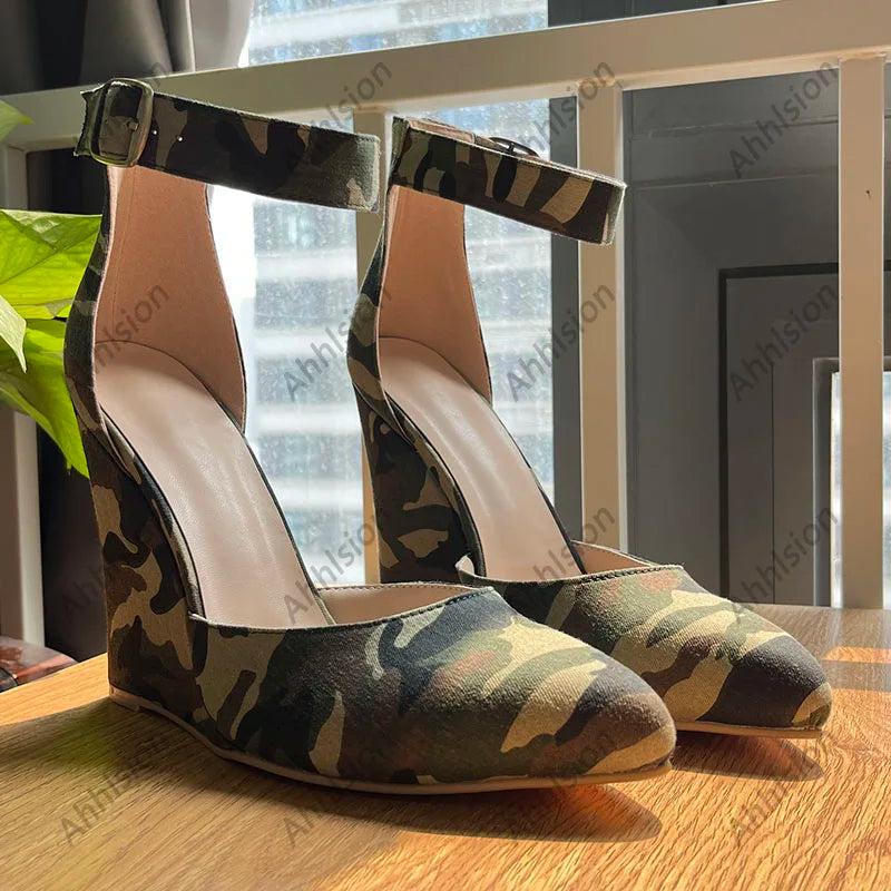 Camouflage Pointed Toe Pumps With Buckle Strap For Women