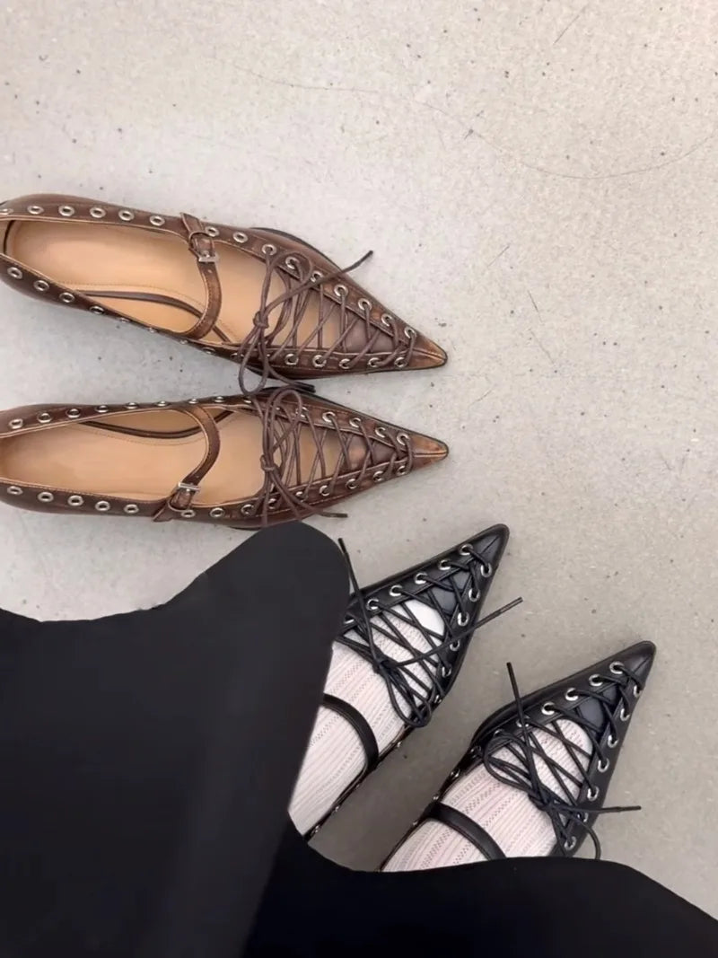 Retro Pointed Toe Lace-Up Rivet Detail Pumps for Women