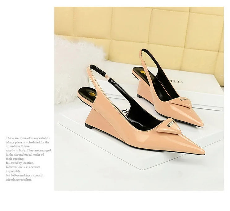 Patent Leather Wedge Heel Pumps With Back Strap for Women