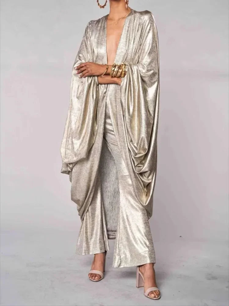 Beautyblue Woman Clothing Champagne Top New Elegant Batwing Sleeves Deep V-Neck Fashion Shiny Blouses&shirts Trendy Coats Female