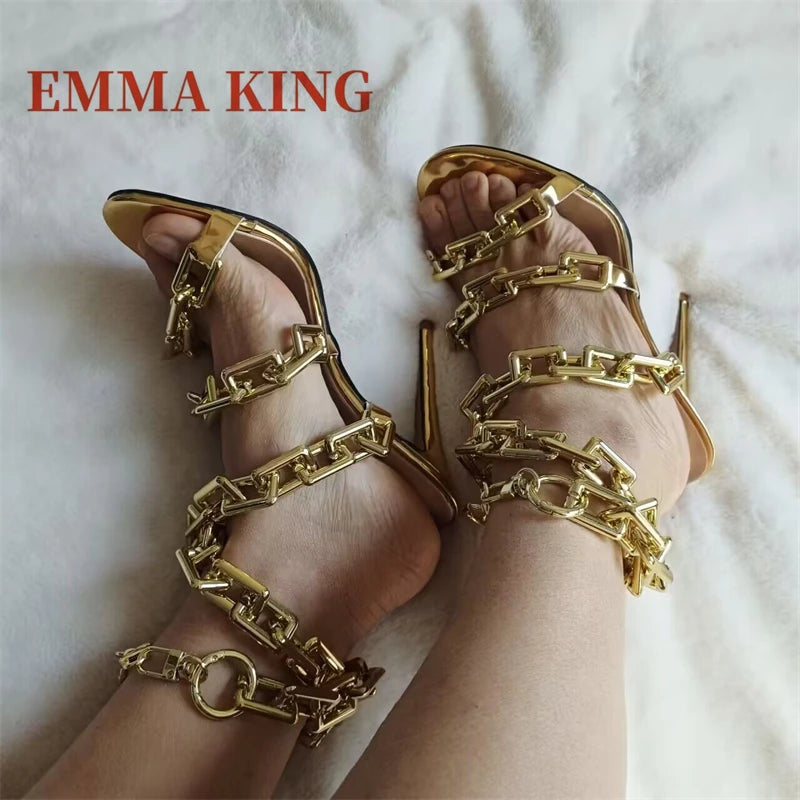 Gold Chain Straps Ankle Wrap Extra High Thin Heel Sandals for Women
