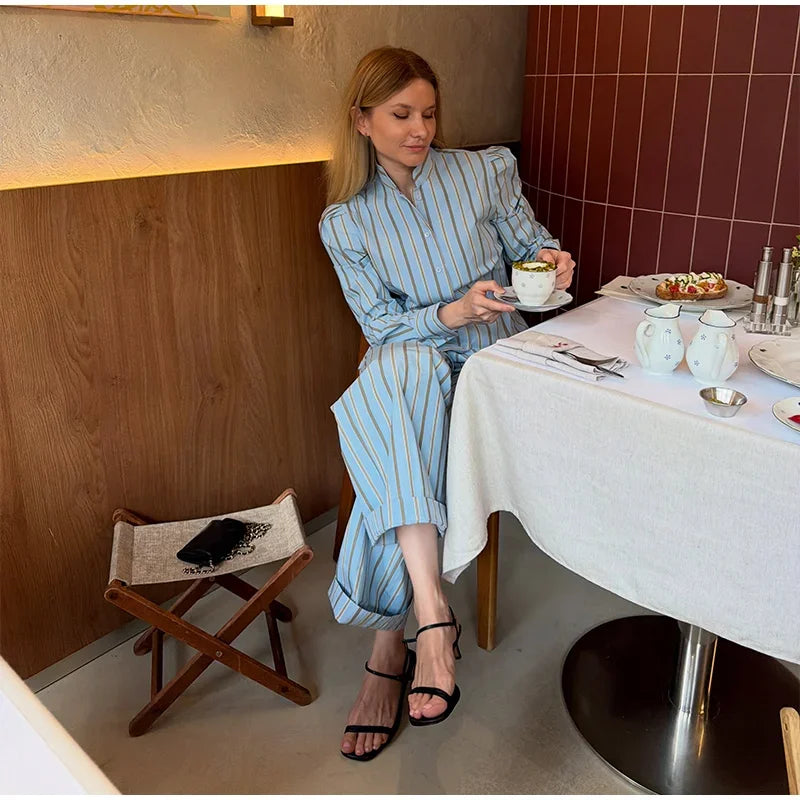 Blue Striped Puff Shoulder Shirt And Pants Set For Women