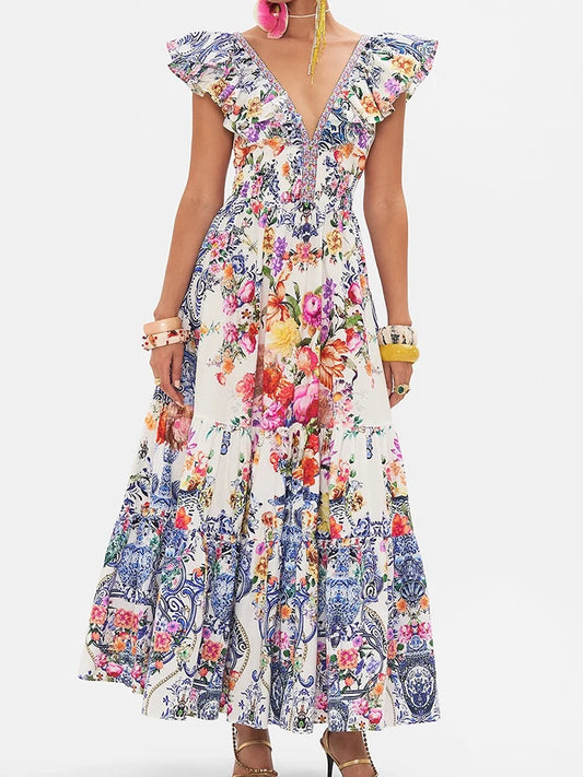 Deep V Neck Print Midi Dress