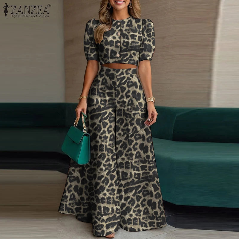 Leopard Print Puff Sleeve Pants Set