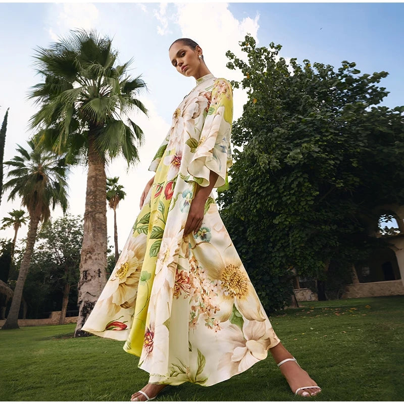 Elegant Print Dress with Stand Collar and Flare Sleeves for Women