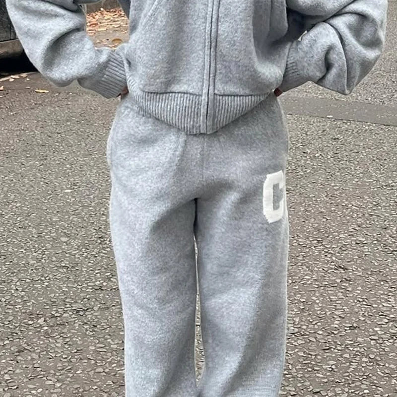 Letter Print Hooded Two Piece Set With Wide Leg Pants for Women