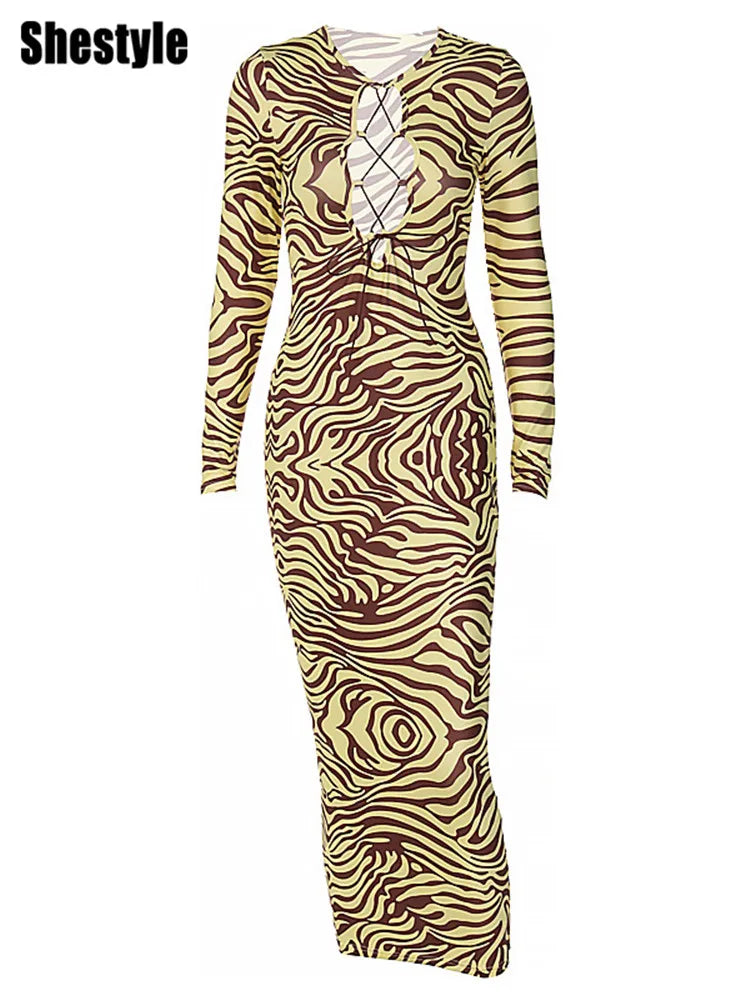 Zebra Print Hollow Out Bodycon Midi Dress for Women