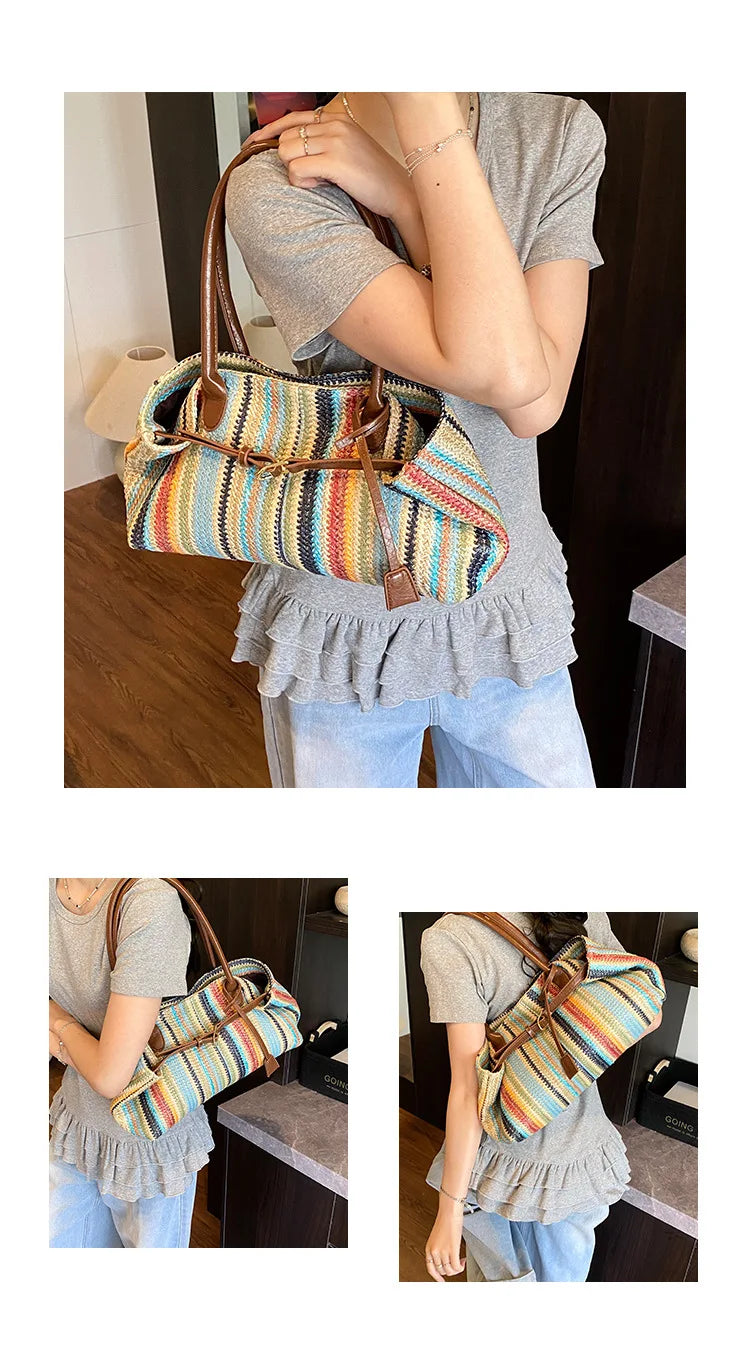 Large capacity rainbow woven tote bag, women's new versatile commuting beach bag, shoulder bag