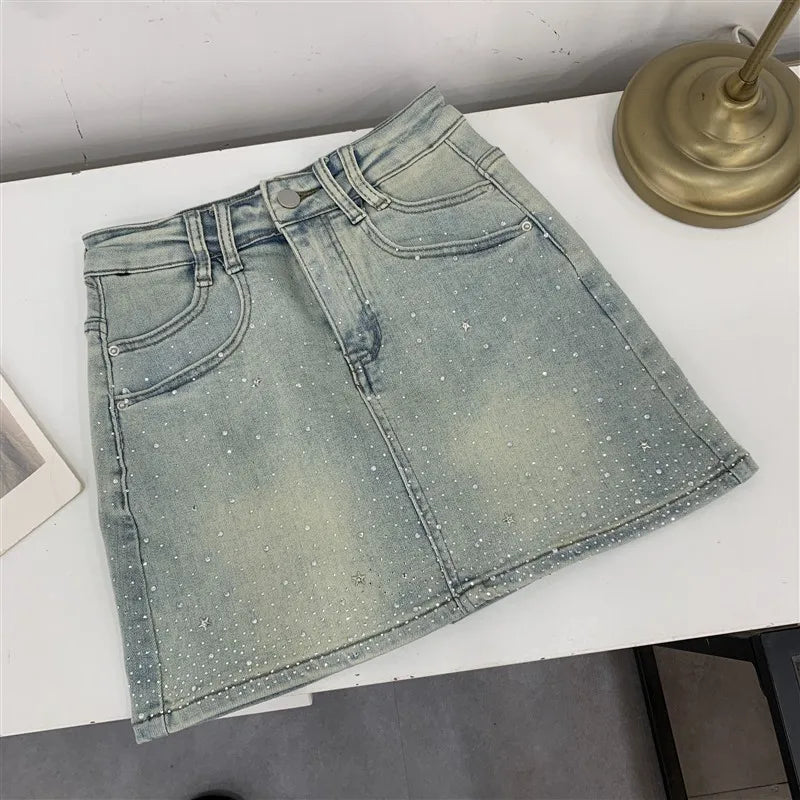 High-Waisted Mini Dress With Rhinestone Embellishments Sensible Design Denim Skirt For Women New Summer Style #17