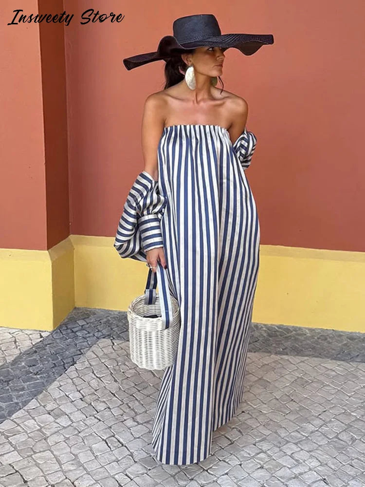 Striped Strapless Maxi Dress Set With Detachable Shawl for Women