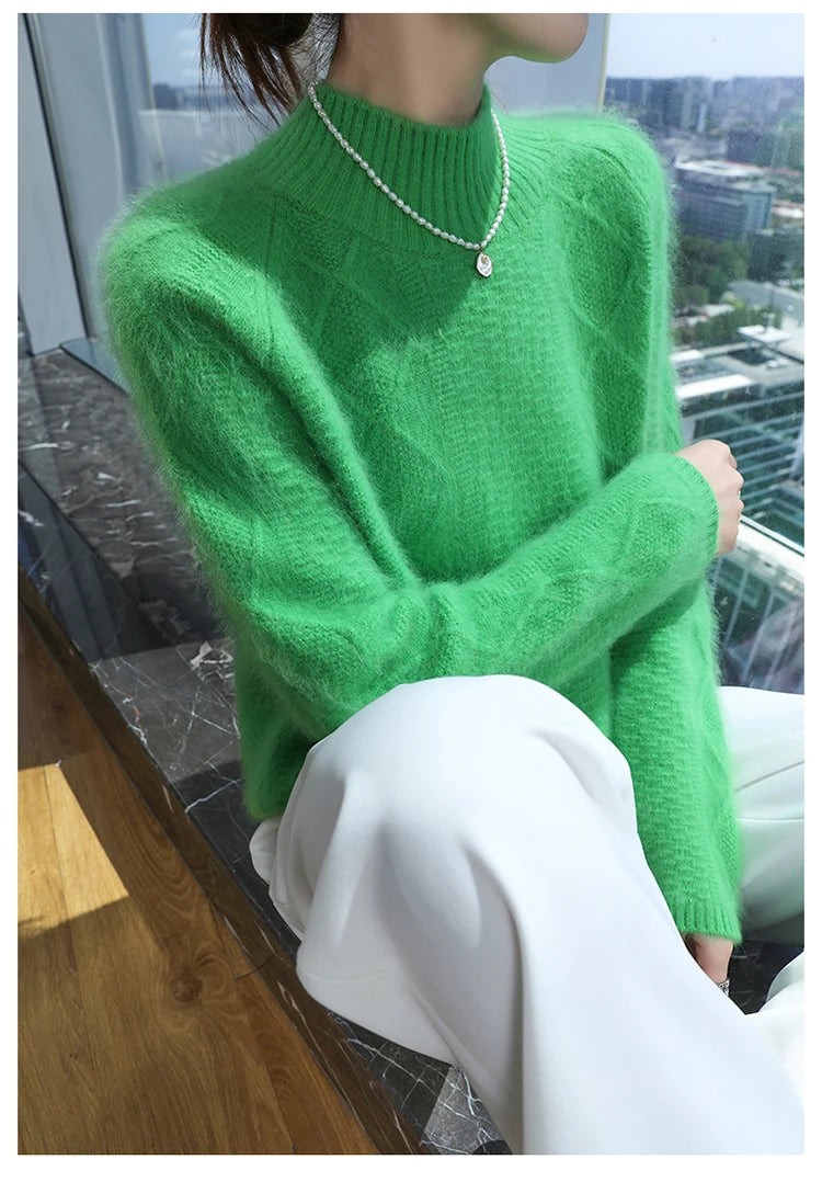 Floral Jacquard Long Sleeve High Neck Knit Sweater for Women