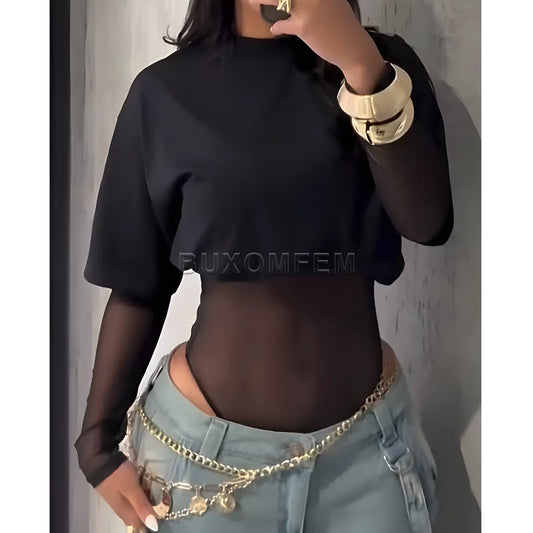 Ladies Sexy Mesh Tight Fitting Short Sleeved T-shirt Women's Lace Bodysuit T-shirt 2025 New Stylish Female Clothing Outwear