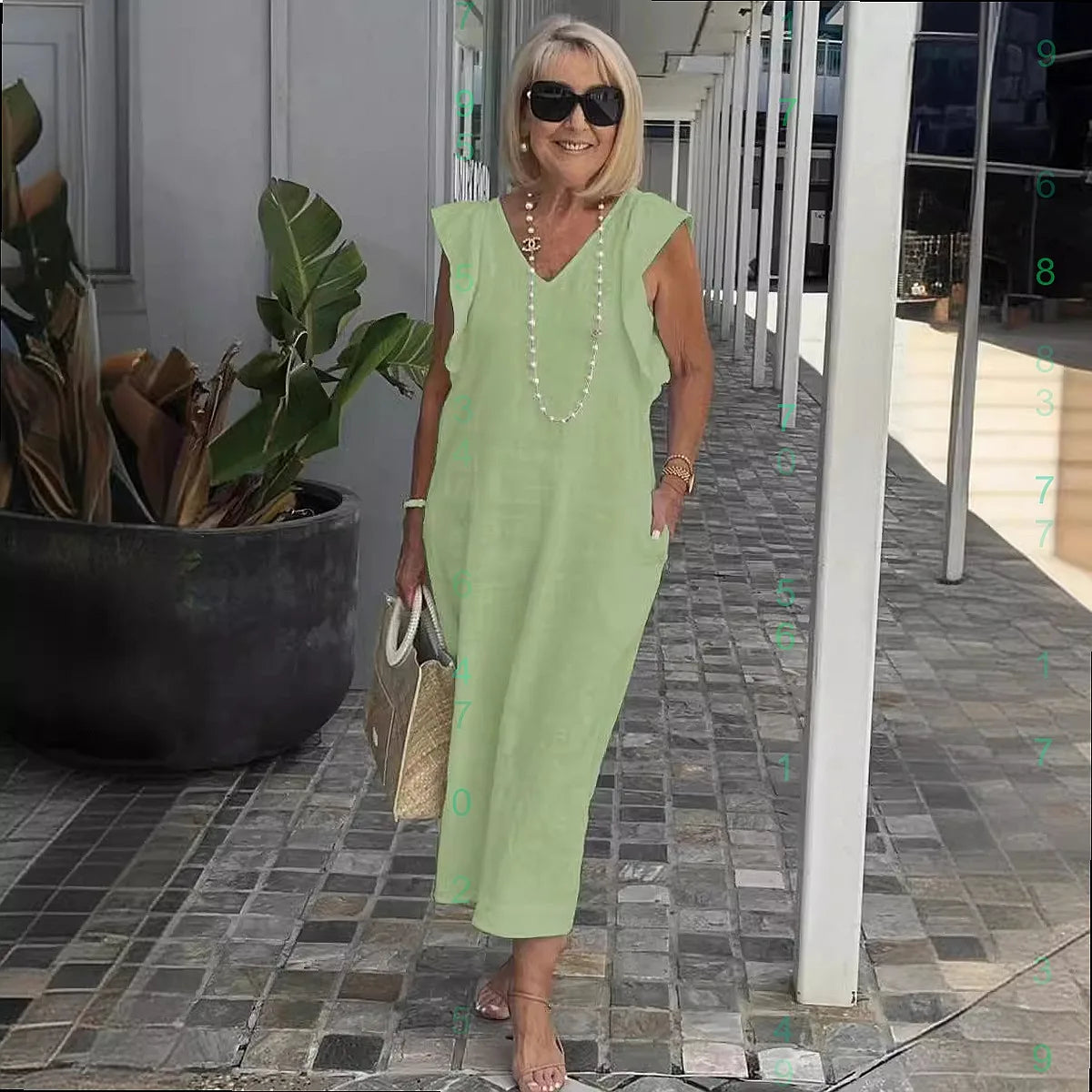 Back Tie Flutter Sleeve Ankle Length Linen Dress for Women
