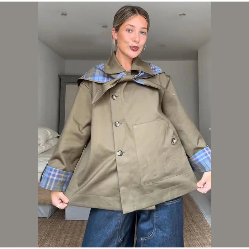 Plaid Reversible Jacket with Lapel Bow and Pockets for Women