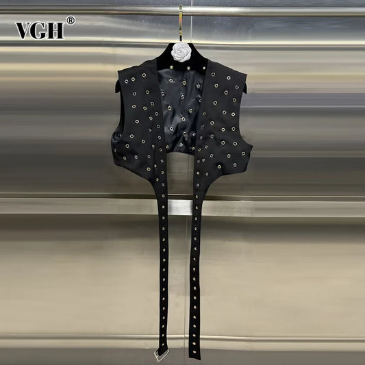 VGH Hollow Out Patchwork Rivets Waistcoats For Women V Neck Sleeveless Spliced Belt Slimming Short Waistcoat Female Fashion New