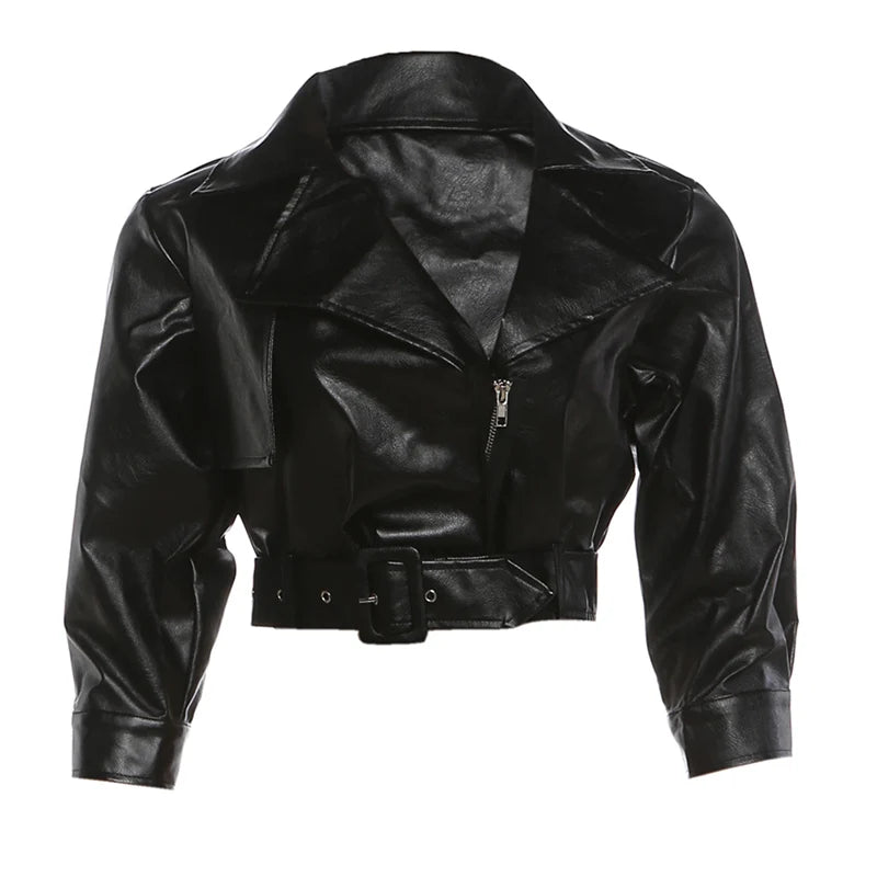 Elegant Belted Faux Leather Cropped Jacket for Women