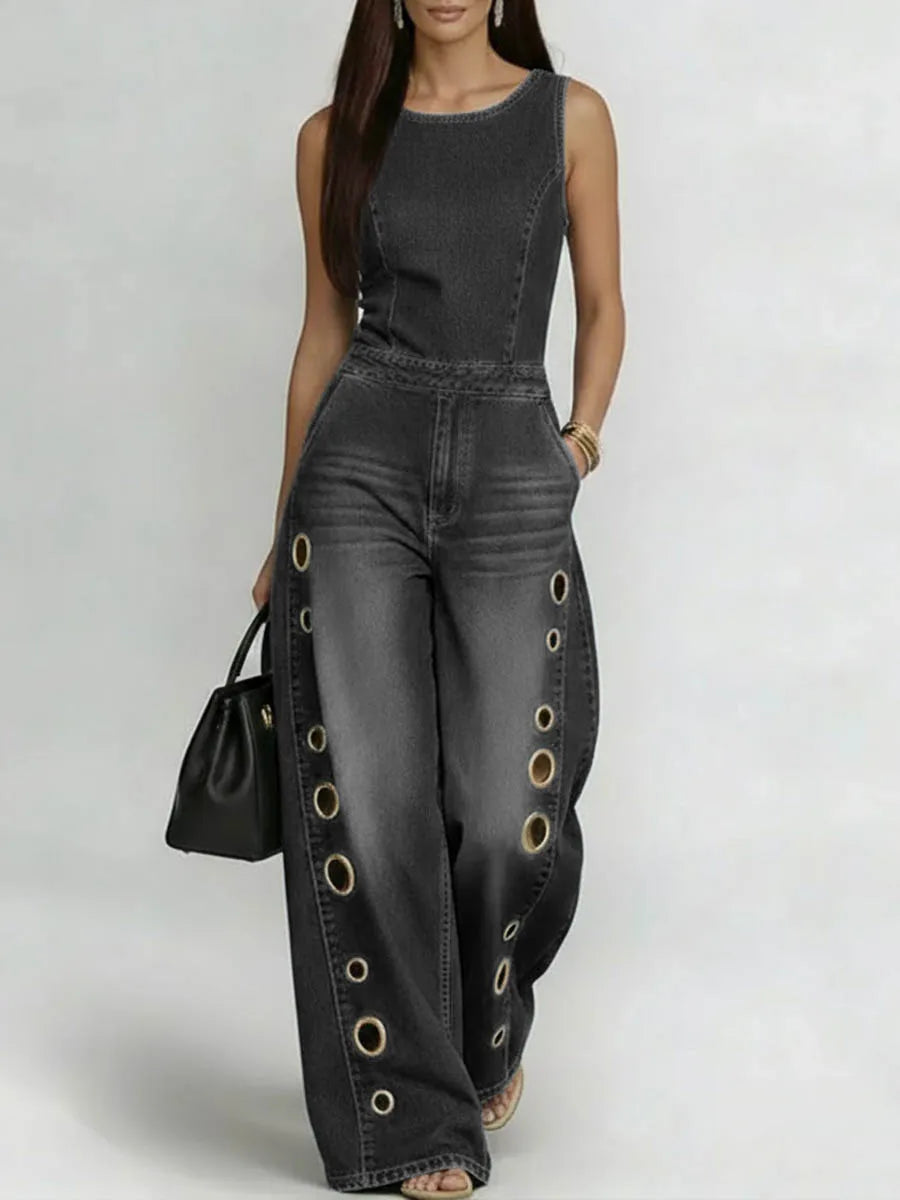 Bonboho Women's Sleeveless Round Neck Eyelet Wide Leg Denim Jumpsuit Casual Streetwear Jumpsuit for Festival & Party Outfits
