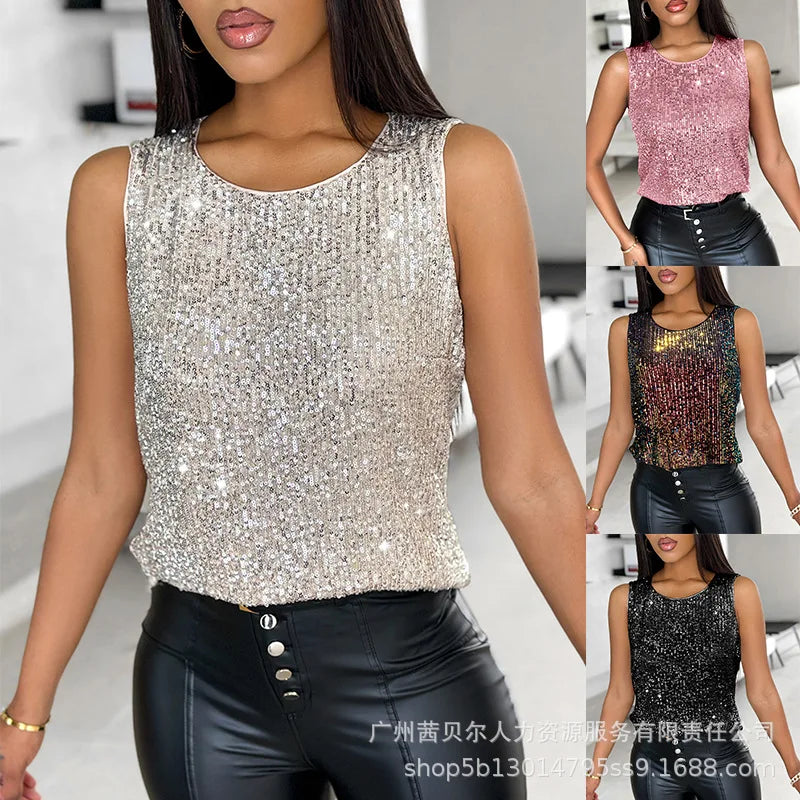 Women Glitter Sequin Round Neck Sleeveless Blouses Shirts Casual Sparkle Tank Top