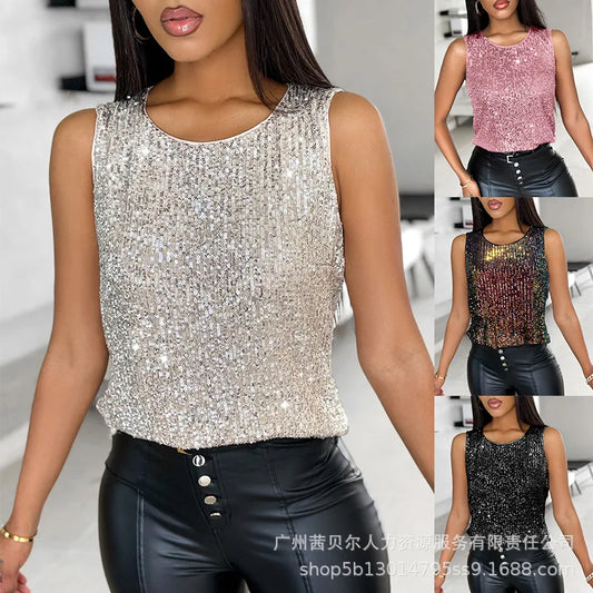 Women Glitter Sequin Round Neck Sleeveless Blouses Shirts Casual Sparkle Tank Top