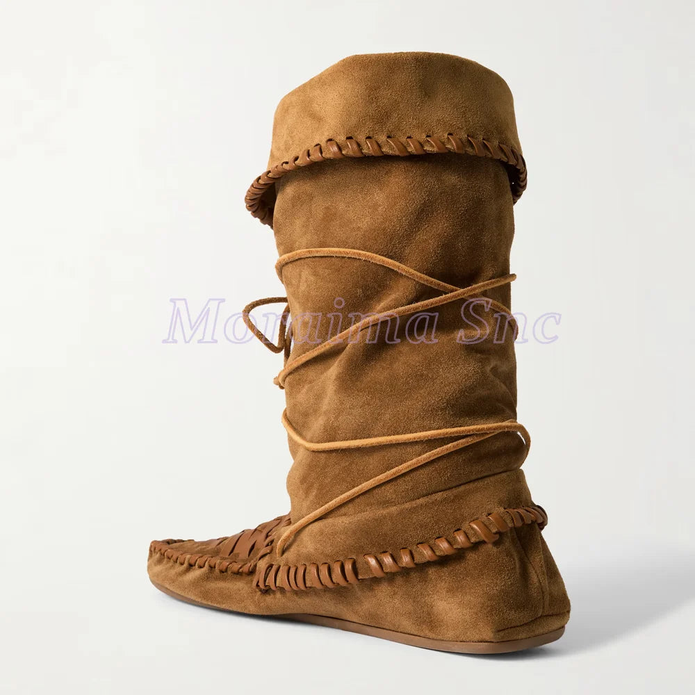 Fringe Cross Strap Suede Lace Up Ankle Boots For Women