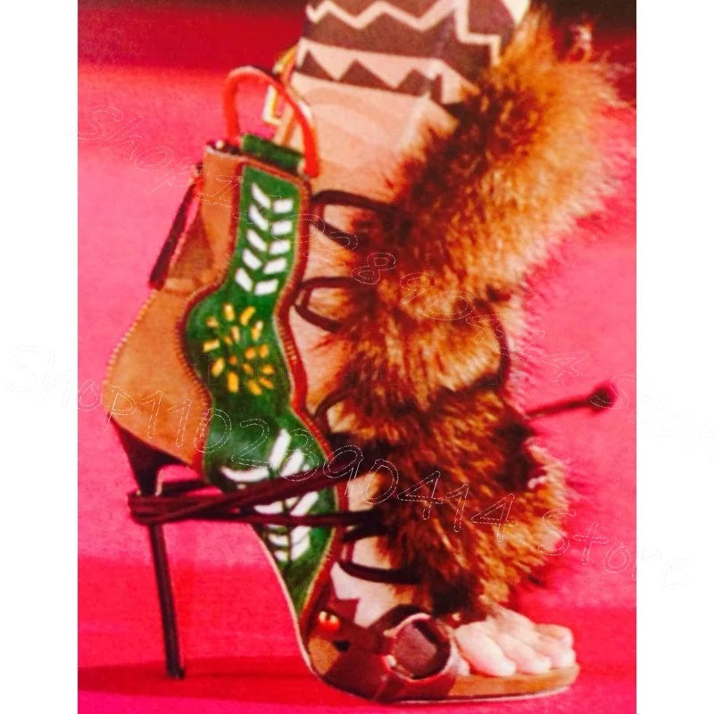 Strappy Foliage Print Sandals With Thin Heel And Back Zipper For Women