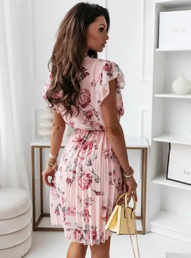 Floral Print Pleated Short Sleeve Ruffle Mini Dress for Women