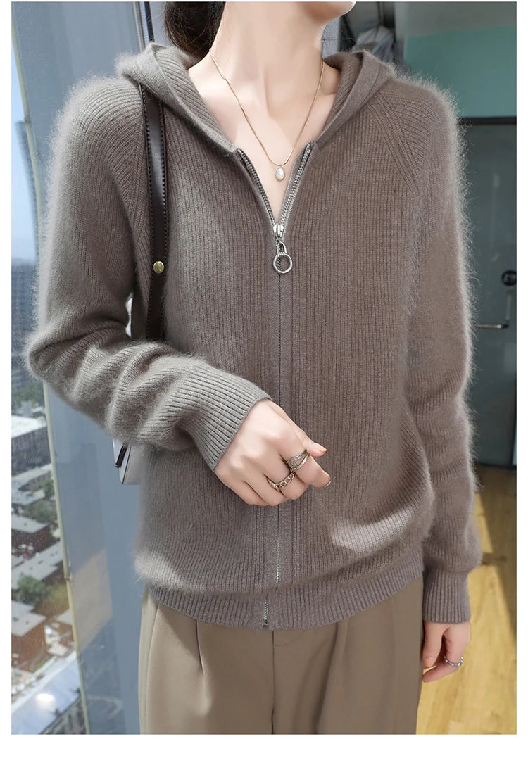 Loose Hooded Cashmere Knit Zipper Cardigan for Women