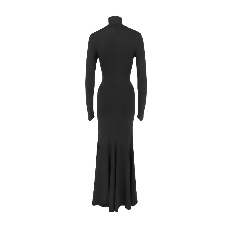 Women Dresses Autumn New Streetwear Fashion Long Sleeves Turtleneck Dress Black Sexy Hollow Out Lady Casual Slim Dress Clothing