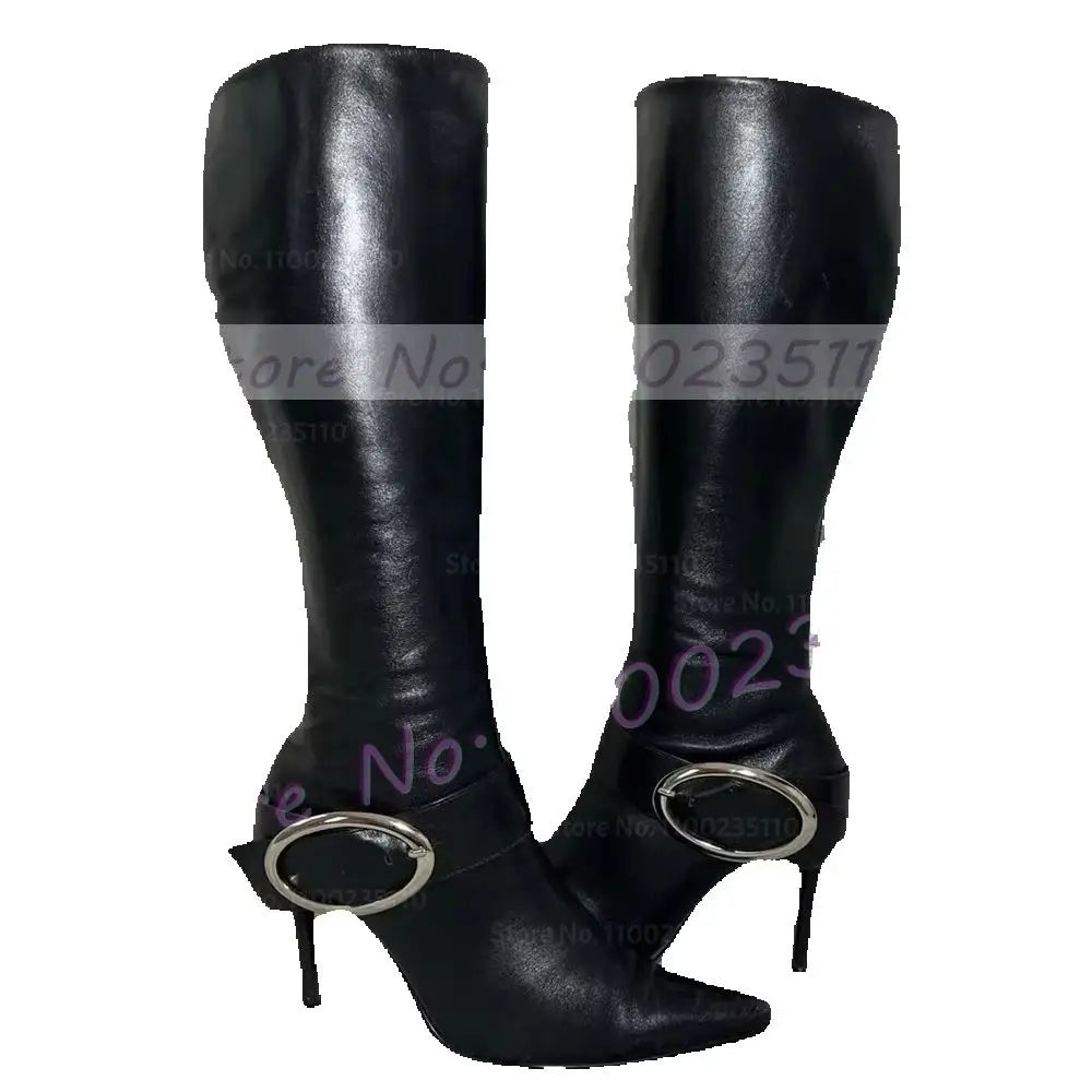 Black Leather Pointed Toe Knee High Boots for Women
