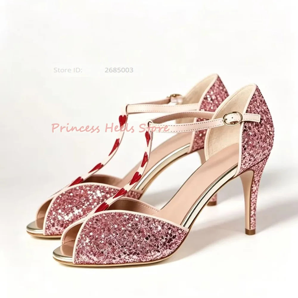 Sequined Peep Toe T-Strap With Ankle Buckle Straps Sandals for Women