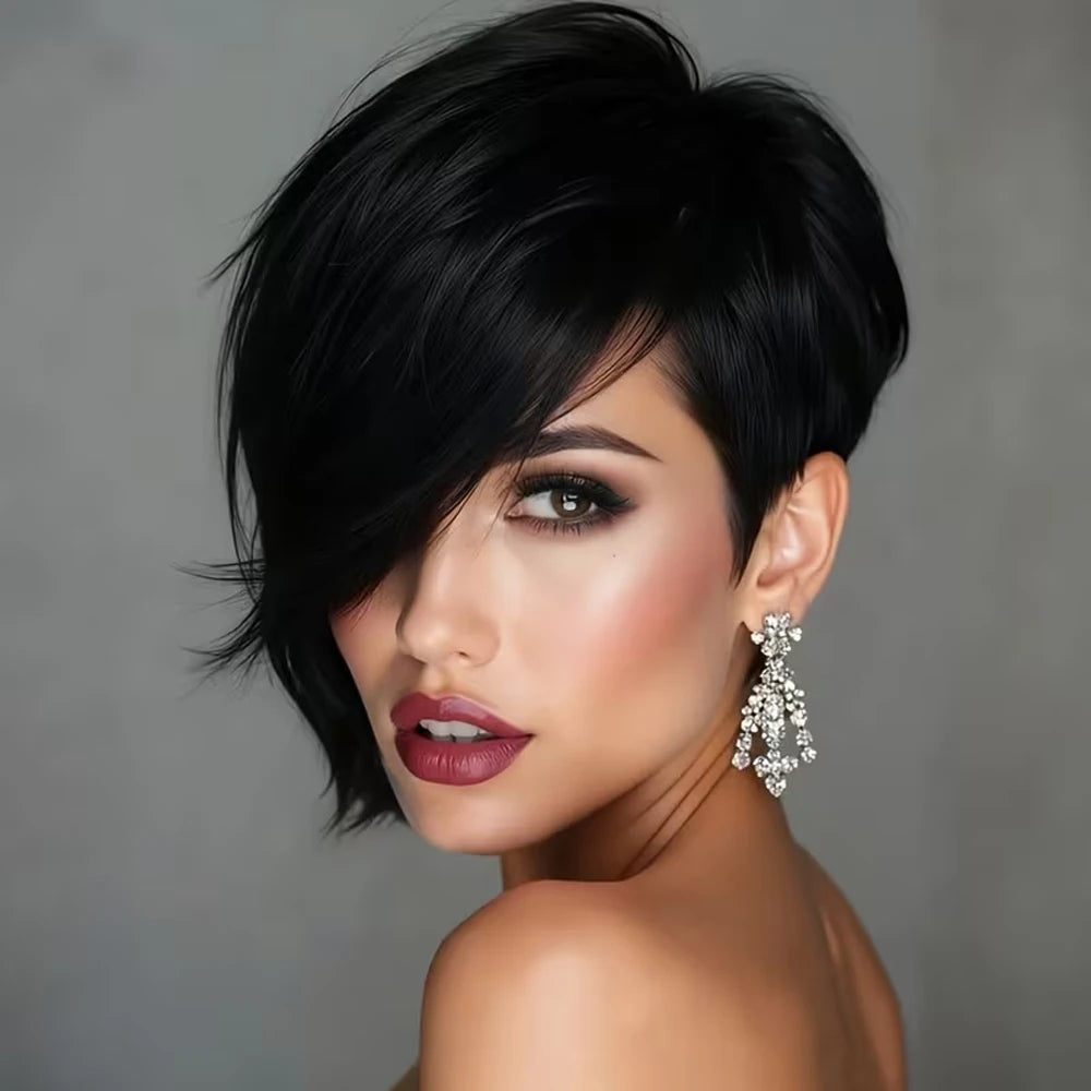Short Pixie Cut Human Hair Wig With Side Bangs for Women