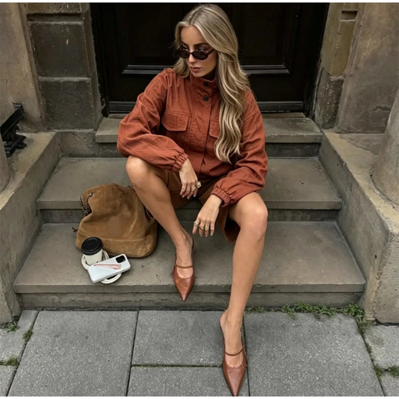 Casual Solid Loose Jacket Stand Collar With Big Pockets for Women