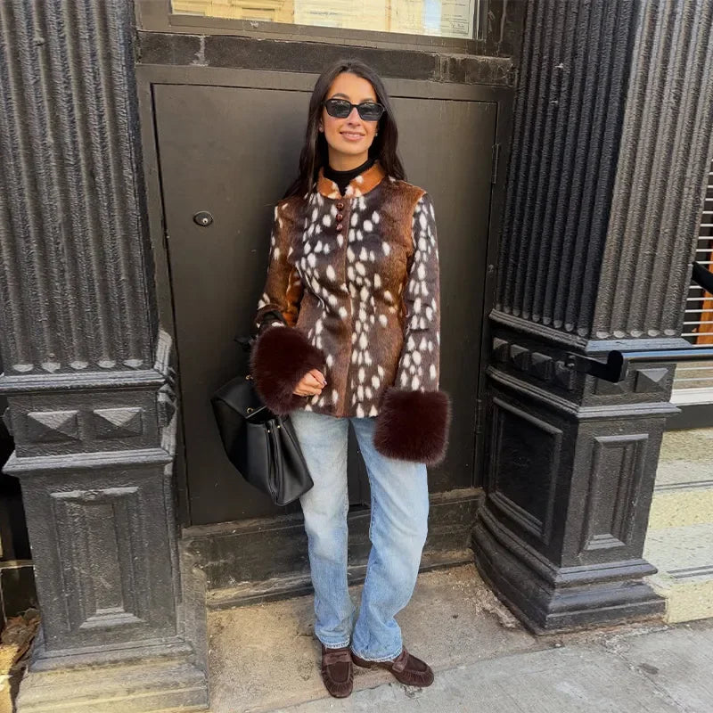 Fitted Vintage Leopard Patchwork Faux Fur Coat for Women